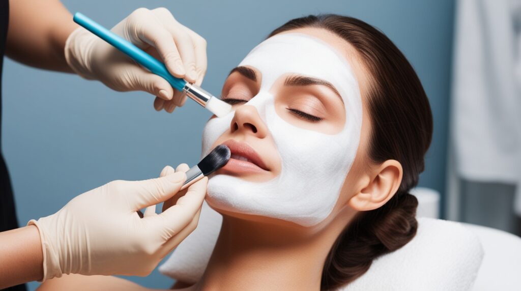  Esthetician applying chemical peel solution with a brush.
