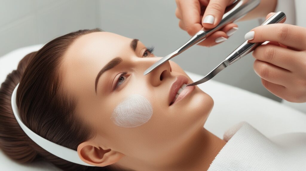 Esthetician using a dermaplaning tool on the cheek.

