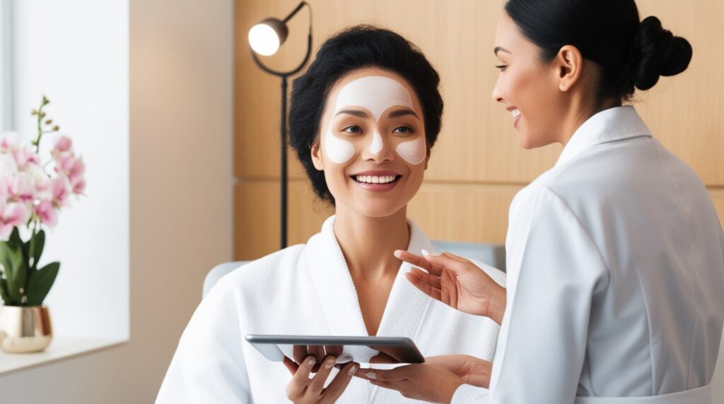 Facial Treatments: Esthetician showing facial treatment results to a client.