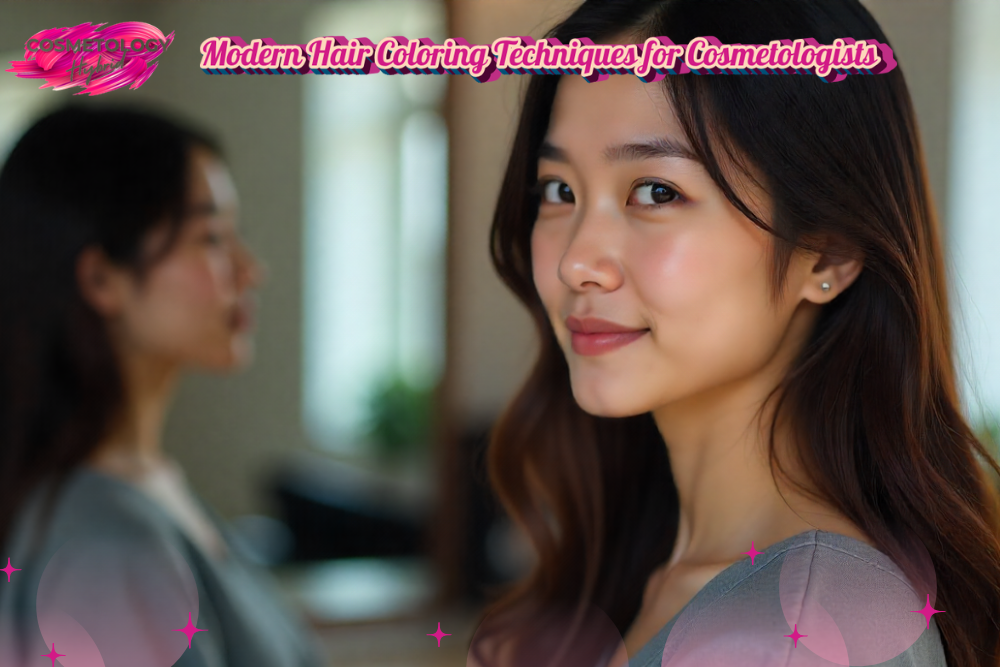 Cosmetologist preparing modern hair coloring mixture with salon tools.
