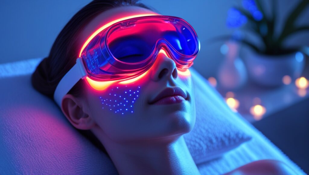 Client receiving red and blue LED light therapy.
