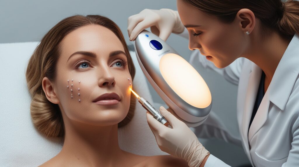  Microdermabrasion device exfoliating skin on the cheek.
