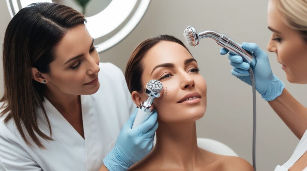  Esthetician performing mesotherapy injections on the face.