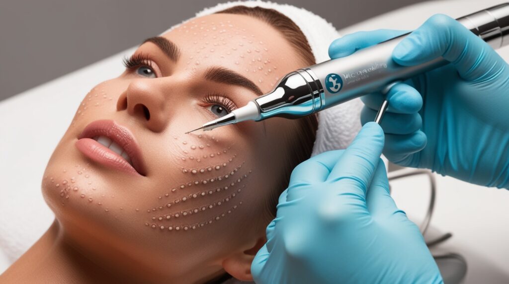  Microneedling device creating microchannels on the skin.
