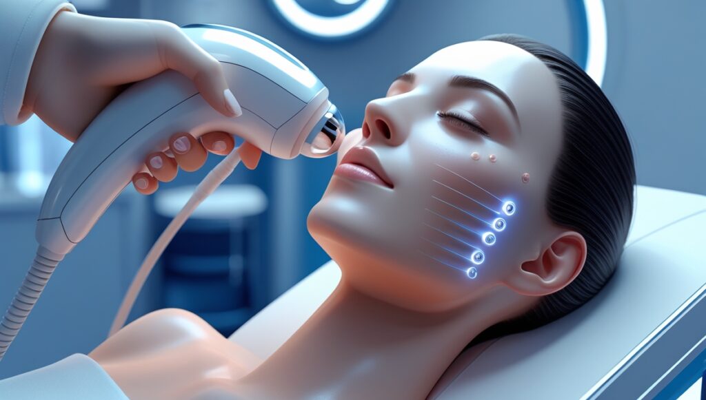 RF skin tightening device applied to jawline