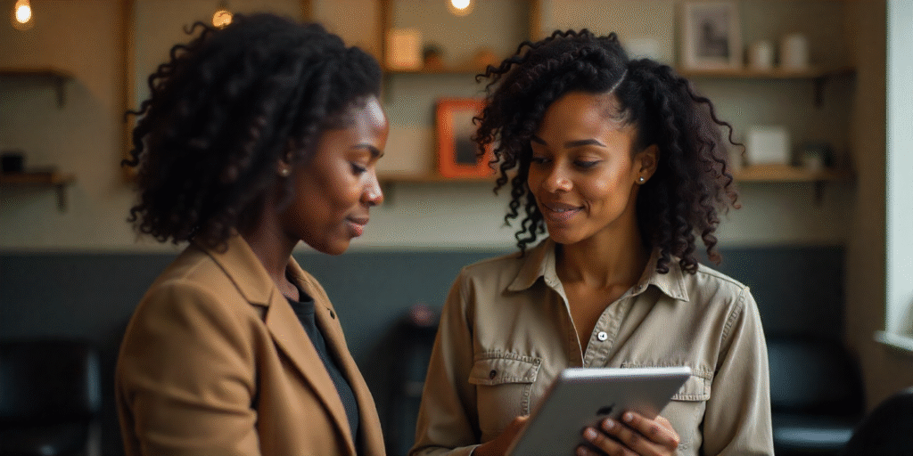 A licensed loctician consulting with a client about loc maintenance and protective styles.