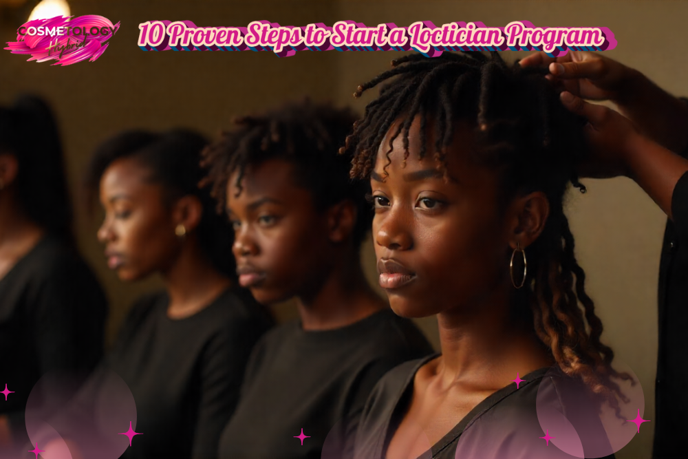 Realistic photo of a loctician program class where students practice loc installation on natural hair models.