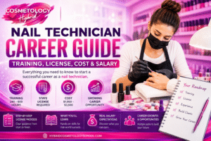 Nail technician career guide showing professional manicure training, state license requirements, education costs, salary expectations, and career opportunities.
