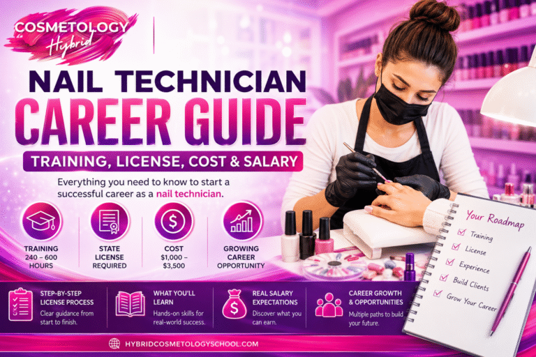Nail technician career guide showing professional manicure training, state license requirements, education costs, salary expectations, and career opportunities.